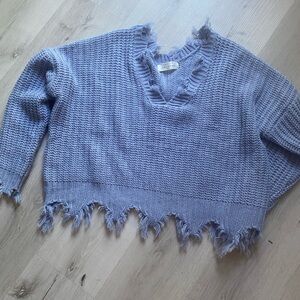 American Threads Blue‎ V-Neck Sweater with Distressed Hem